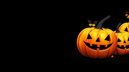 A black background with three orange pumpkins with smiling faces