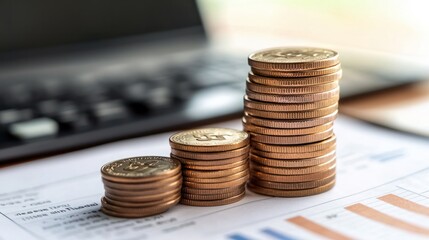 Stack of coins on financial documents, calculator and laptop in background.