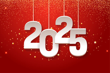 Happy new year 2025. Hanging white paper number with gold confetti on a colorful red background. Illustration for the festive New Year 2025