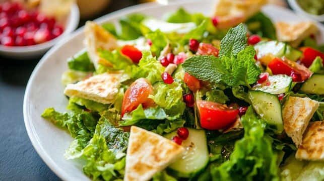 A delightful plate of Lebanese fattoush salad with crispy pita chips, lettuce, tomatoes