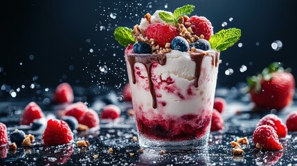 a glass of ice cream. The glass is filled with multiple scoops of strawberry ice cream, topped with raspberries, strawberries, blueberries, and mint leaves. There are splashes of liquid and frozen.