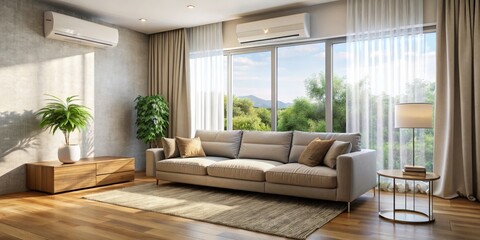 Modern Living Room with Grey Couch and Wooden Floor, 3D Render, Interior Design, Furniture, Home Decor, Living Space, Living Room