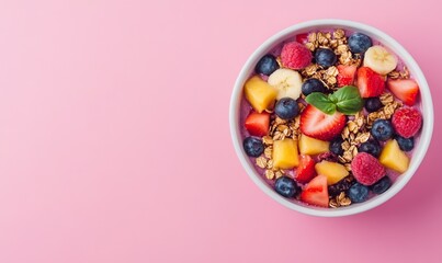 Summer acai bowl with mixed fruit and granola on pink background Breakfast bowl with fruit and cereal close up top view text space