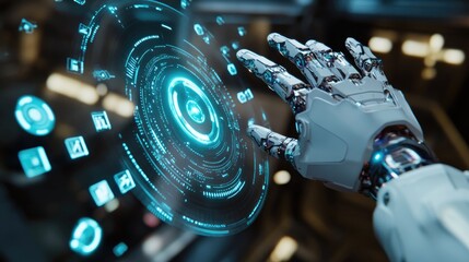 Fototapeta premium Futuristic Robotic Hand Interacting with Holographic Display
