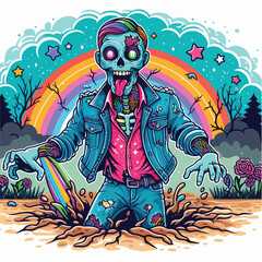 Colorful Zombie Emerging from the Ground in Vibrant Retro Style