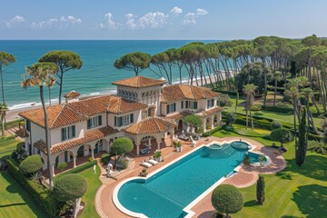 Obraz premium A luxurious coastal villa with a stunning ocean view and elegant pool design, surrounded by lush greenery and serene landscape offers ultimate relaxation