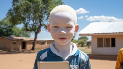 Young boy with albinism smiling under a clear blue sky in a rural setting, AI