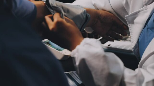 Young male psysician with patient measuring blood pressure