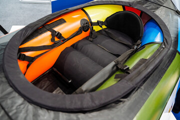 This is a detailed description of the interior of an inflatable kayak, which includes a comfortable...