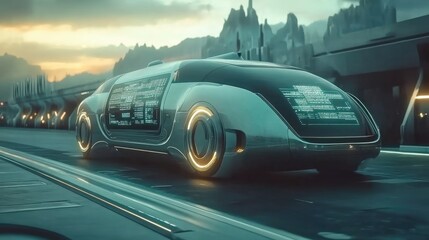 Obraz premium Futuristic Self-Driving Vehicle in Sci-Fi Landscape