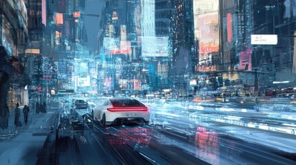 Fototapeta premium Futuristic Cityscape with Moving Car at Night