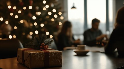 Festive office gathering with holiday decor and gift exchange
