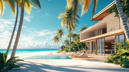 A luxurious beachfront villa with a private swimming pool and tropical palm trees providing a serene escape under a clear blue sky