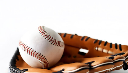 a baseball glove and ball on side position provides copy space for text. background concept isolated white