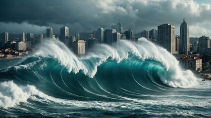 Massive tidal wave engulfs coastal city, threatening destruction of buildings and infrastructure