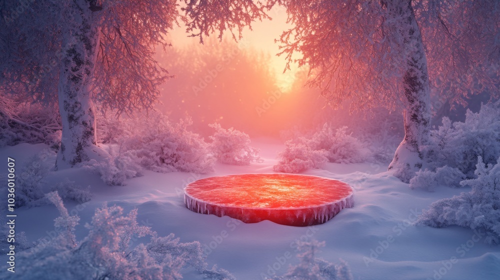 Aufkleber a frozen, circular lake sits in a snow-covered forest. the lake is covered in a layer of ice that re