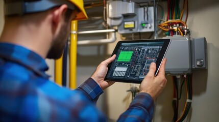 A professional technician monitors a home's electrical system using a tablet. The tablet displays a complex digital schematic, showcasing advanced technology for smart home energy management.