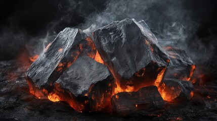 Glowing charcoal embers with smoke rising, creating a dramatic and intense atmosphere.