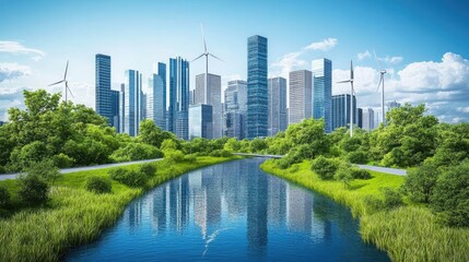 Fototapeta premium Modern City with River and Wind Turbines