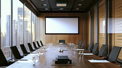 A professional-looking conference room setup complete with a projector and screen.