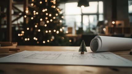 Festive construction office with architectural plans and christmas tree decor