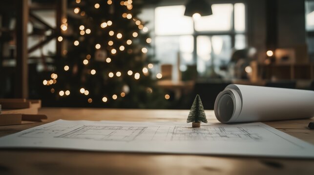 Festive construction office with architectural plans and christmas tree decor
