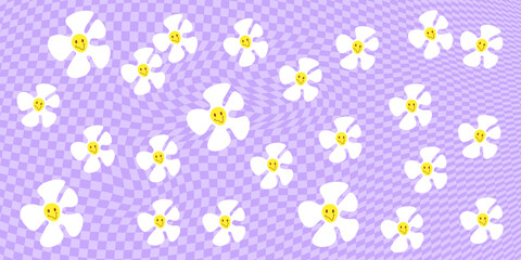 Cute purple horizontal checkered background with daisy all over the backdrop. Stock vector illustration in cartoon style.