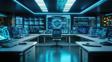 Modern Control Room with High-Tech Screens and Displays