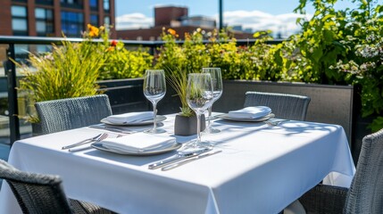 A cozy rooftop table awaits two diners complete with elegant tableware and vibrant plants