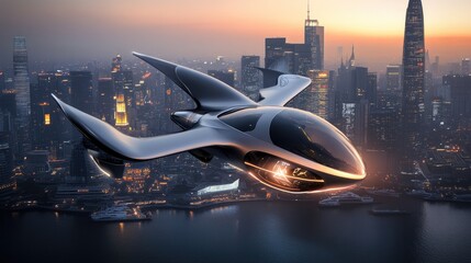 Futuristic Flying Vehicle Over Urban Skyline at Dusk