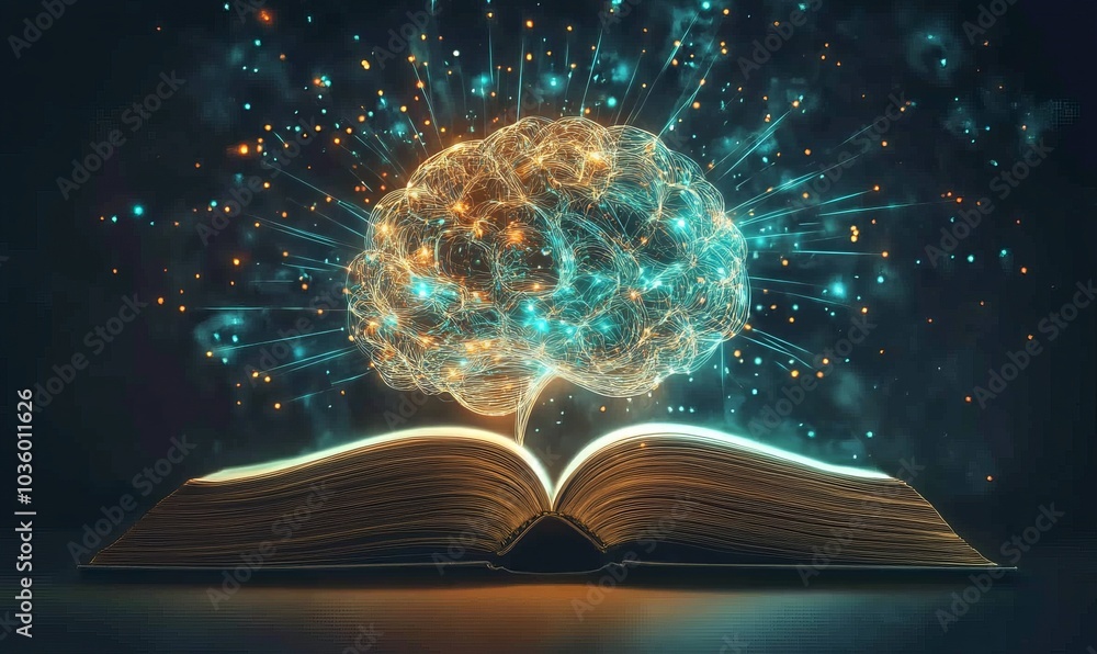 Poster machine learning and artificial intelligence concept - a electronic brain is learning from a book