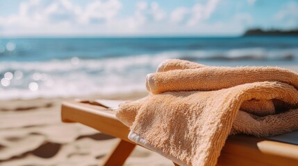 A tranquil beach towel resting on a lounge chair awaits sunbathers by the gentle waves