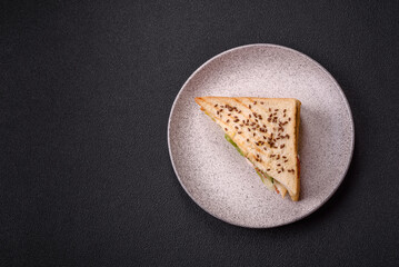 Sandwich with toast bread, meat, tomatoes, cheese, sauce, salt and spices