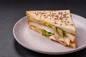 Sandwich with toast bread, meat, tomatoes, cheese, sauce, salt and spices