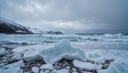Dramatic arctic coastline with icy waves and snow-capped mountains under overcast sky