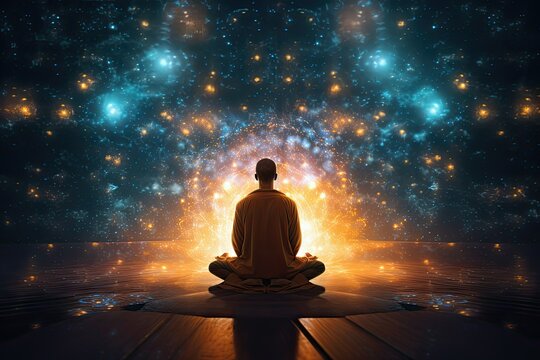 A person sits cross legged in meditation surrounded by vibrant cosmic visuals conveying a sense of peace and deep connection with the universe