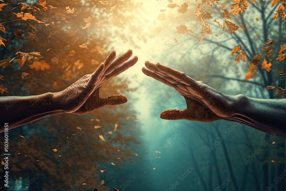 Poster two hands extend toward one another in a tranquil forest setting surrounded by falling autumn leaves