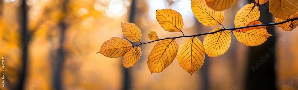 Poster autumn forest with yellow leaves in the park, panoramic banner with copy space area for text and des
