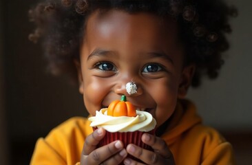 A African child eats a cupcake decorated with a pumpkin, ghosts for Halloween, stained with cream