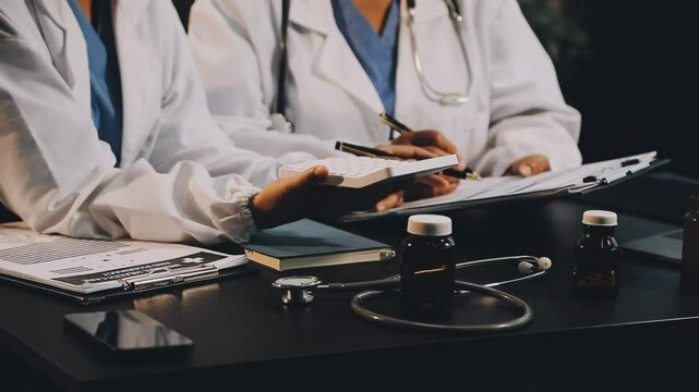 A diverse group of healthcare professionals, including doctors, nurses, and specialists, engaging in a collaborative meeting to discuss medical cases and share expertise in a hospital