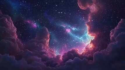 A whimsical starry night sky with colorful nebulae swirling among the stars casting a magical glow, Ai Generated.