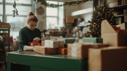 Fototapeta premium Cheerful holiday theme in bright post office during gift wrapping season