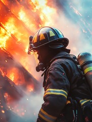 Brave male firefighter in protective gear battling intense flames and smoke.