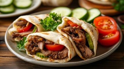 A delightful plate of Lebanese shawarma, thinly sliced marinated meat wrapped in pita bread with tahini sauce and pickles, Shawarma plate centered