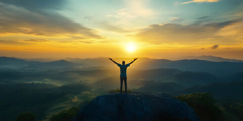 Obraz premium Happy man rise hand on morning view. Christian inspire praise God on good friday background. Now one man self confidence on peak open arms enjoying nature the sun concept world wisdom fun hope.