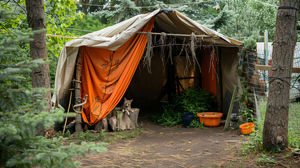 A small dog sits in the doorway of a makeshift tent in the woods.