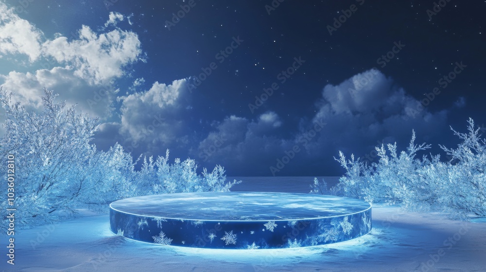 Poster a striking winter landscape features a luminous circular platform in a snowy setting under a starry 