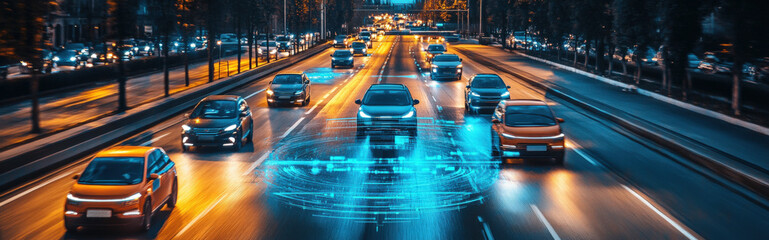 AI automating transportation, showing futuristic vehicles moving in sync with precision