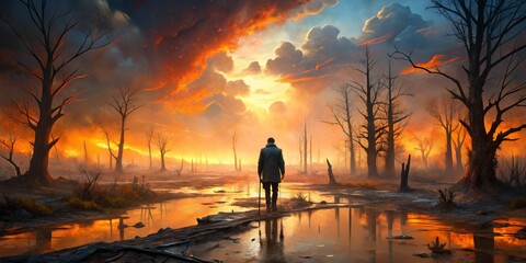 Fototapeta premium Solitary Figure in a Fire-Swept Forest, Digital Painting, Man Walking Through a Forest with a Fiery Sky and Reflections, Post-Apocalyptic, Fire, Nature, Survival