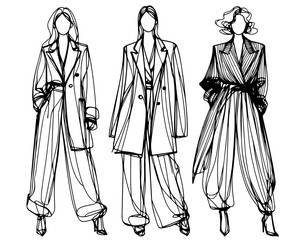Fototapeta premium Black line hand drawn line fashion illustration. Girls in coat
